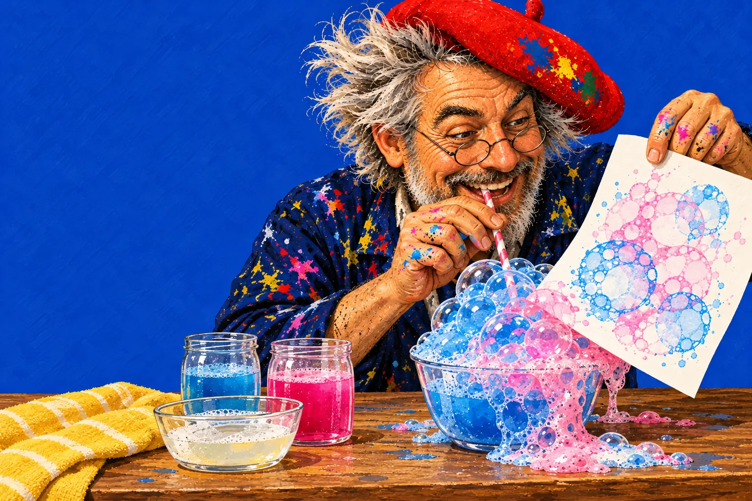 Geschilderde illustratie: de schilder blaast met een rietje gekleurde bellen boven een kom en houdt papier omhoog met kanten blauwe en roze kringen erop.