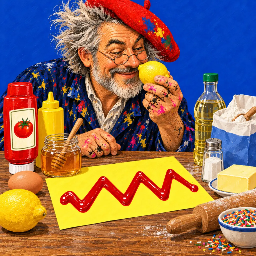 Geschilderde illustratie: de schilder ruikt aan een citroen achter een aanrecht met ketchup, mosterd, honing, een ei, olie, boter, bloem, zout, hagelslag en een deegroller.