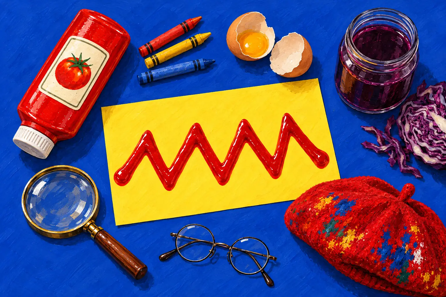Geschilderde flat-lay op blauw: een ketchupfles, waskrijtjes, een gebroken ei, een ketchupzigzag op geel papier, een vergrootglas, rodekoolsap, een rode baret en een ronde bril.