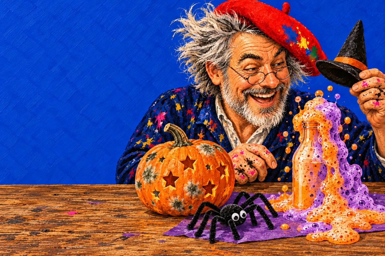 Geschilderde illustratie: een pompoen met stervormige gaten en schimmelplekjes, een fles die oranje en paars overschuimt en een spin van pijpenragers; de schilder houdt een heksenhoed vast.