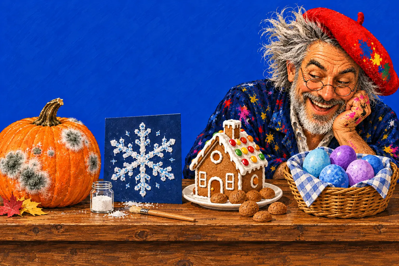 Geschilderde illustratie: een pompoen met schimmelplekjes, een sneeuwvlok geschilderd met zout, een peperkoekhuisje en blauwe en paarse eieren in een mandje; de schilder bewondert ze.