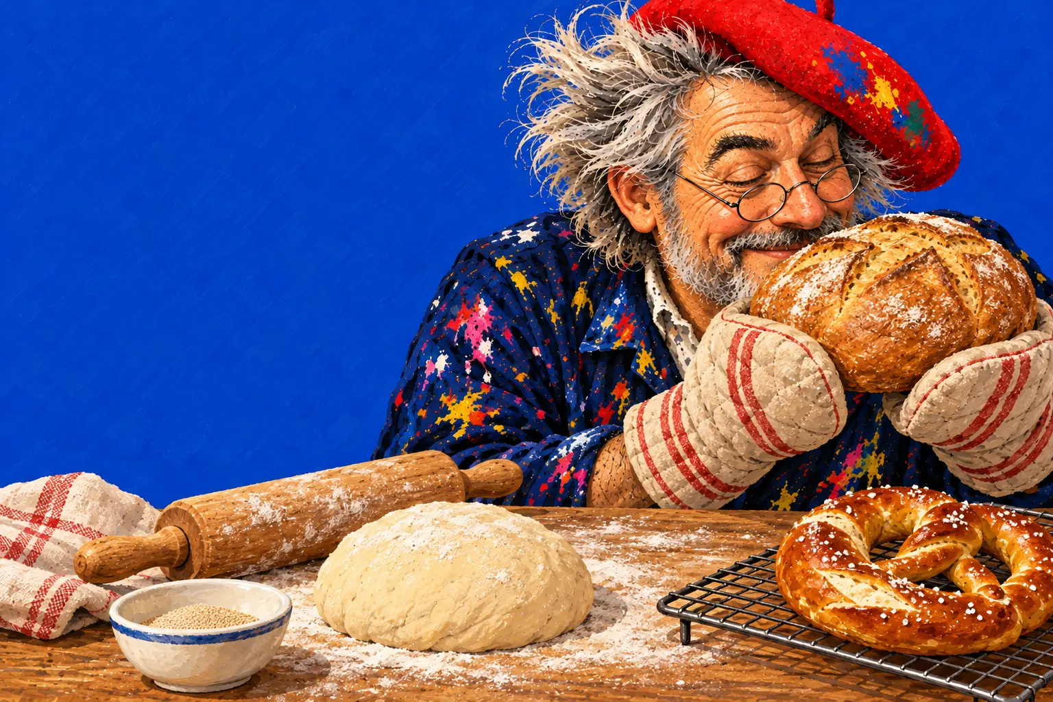 Geschilderde illustratie: de schilder met ovenwanten ruikt aan een goudbruin brood, met een bal deeg, een deegroller, een kommetje gist en een krakeling.