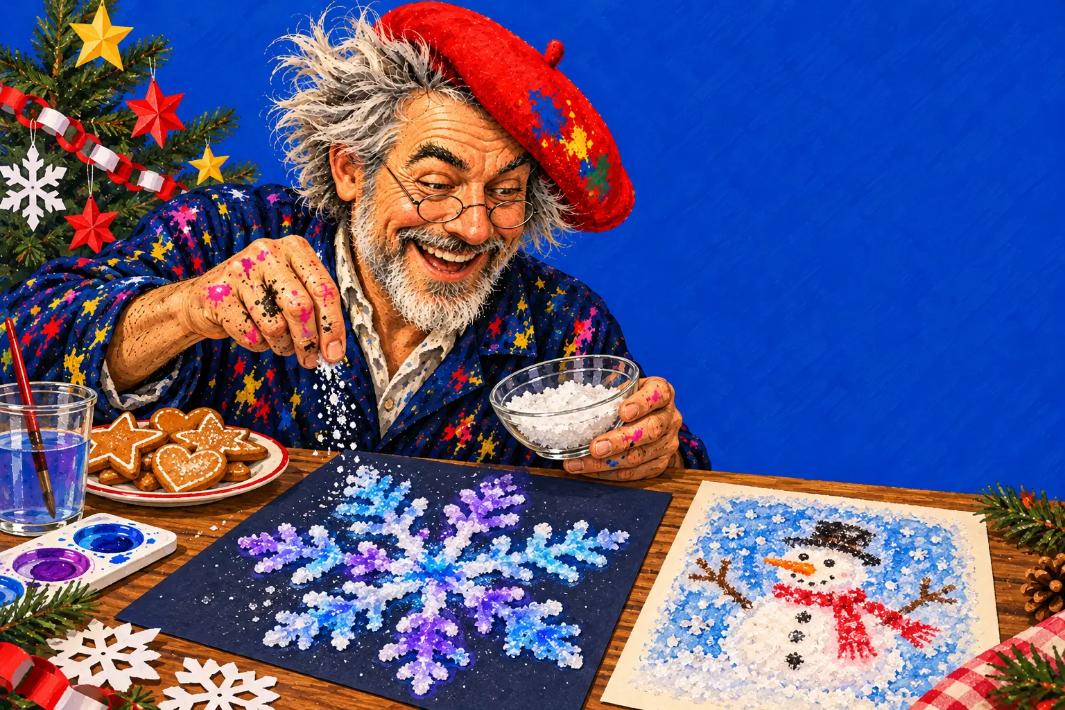 Geschilderde illustratie: de schilder strooit zout op een groot blauw met paars sneeuwvlokschilderij, naast een berijpte sneeuwpoptekening, peperkoeken sterren en hartjes en een kerstboom.