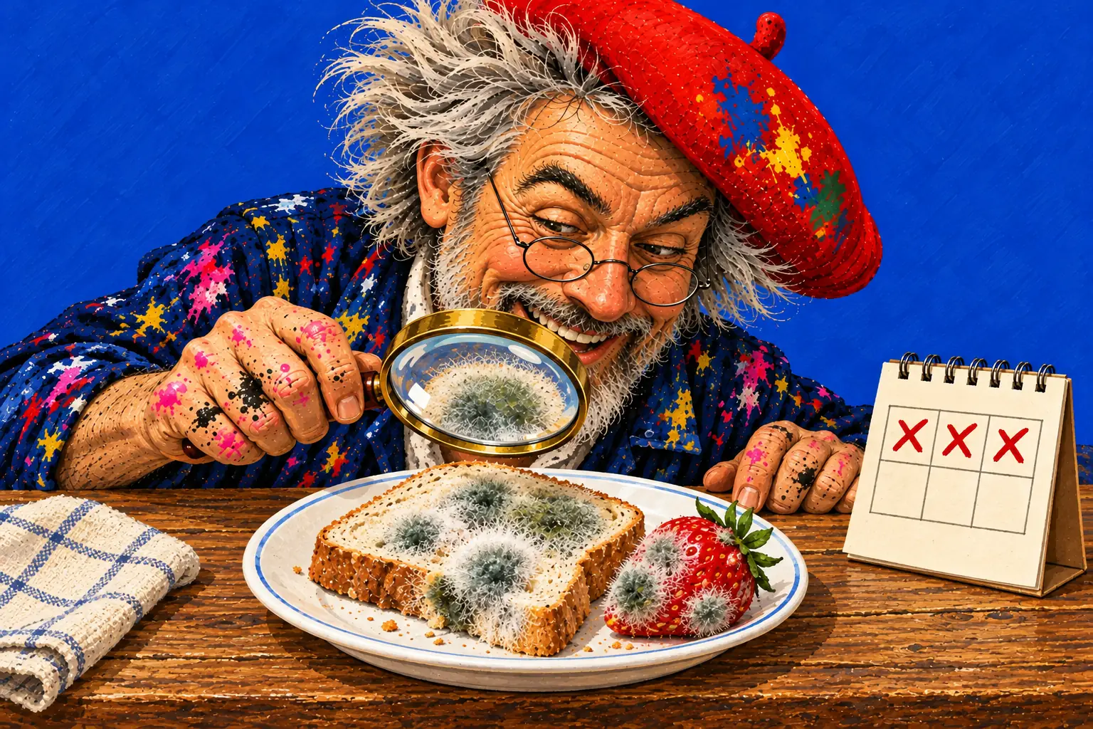 Geschilderde illustratie: de schilder tuurt door een vergrootglas naar brood en een aardbei met pluizige schimmelplekjes, naast een kalender met drie dagen doorgestreept.
