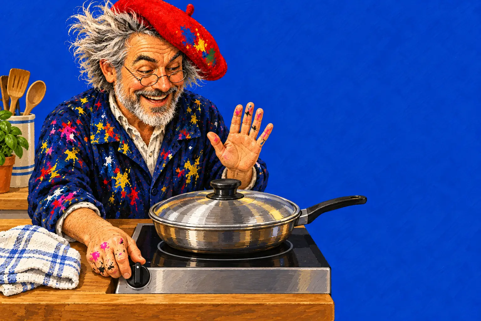 Illustrazione dipinta del pittore che spegne con calma il fornello sotto una padella chiusa dal coperchio, con uno strofinaccio umido accanto.