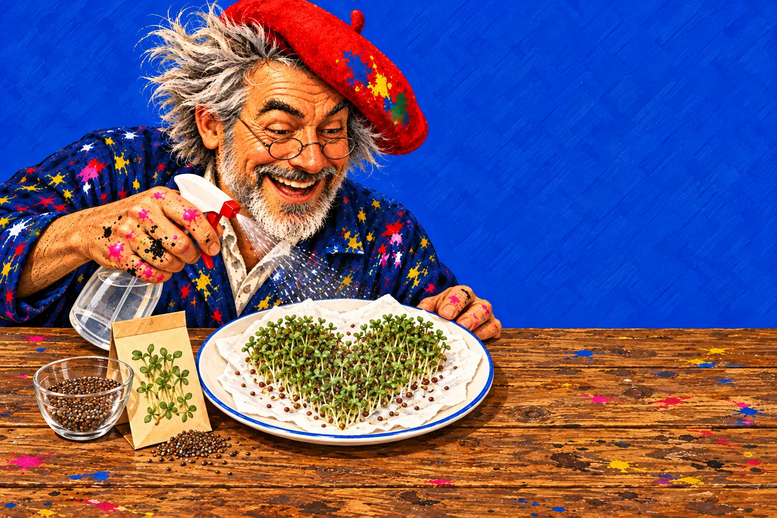 Geschilderde illustratie: de schilder sproeit water op tuinkers die in de vorm van een hart opkomt op vochtig keukenpapier, met een zakje zaad en losse zaadjes.