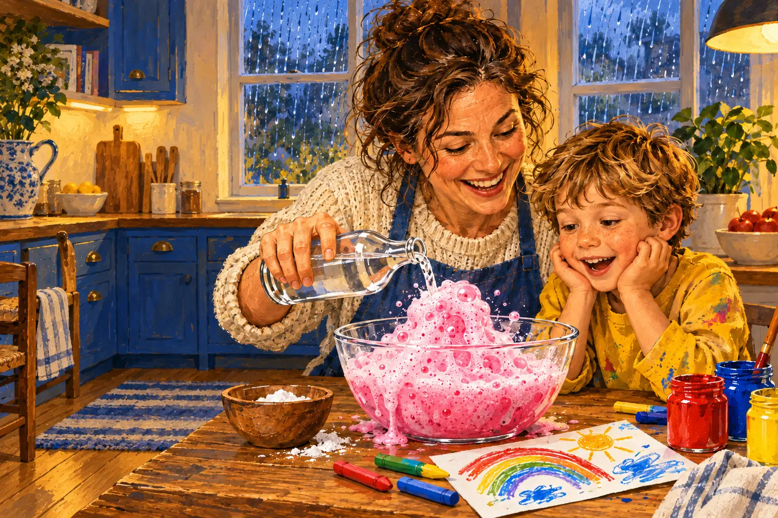 Geschilderde illustratie: een ouder en een kind aan de keukentafel kijken hoe baking soda roze opbruist, met verf en een regenboogtekening, en regen tegen het raam.
