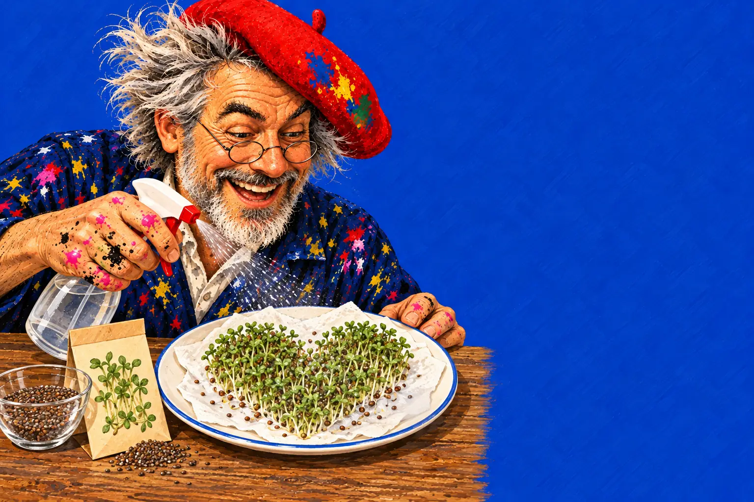 Geschilderde illustratie: de schilder sproeit water op tuinkers die in de vorm van een hart opkomt op vochtig keukenpapier, met een zakje zaad en losse zaadjes.