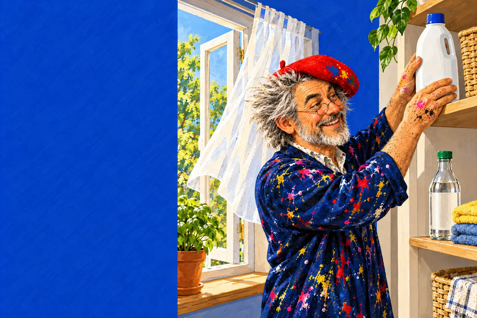 Geschilderde illustratie: de schilder zet een dichte fles bleekwater weg op een hoge plank, de azijn staat op een andere plank, naast een open raam.