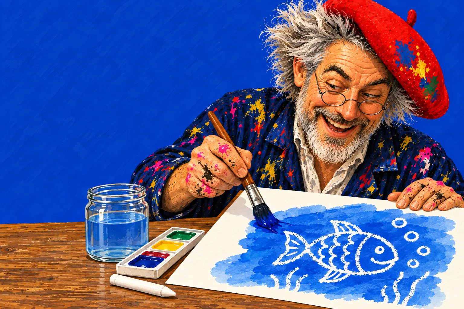 Geschilderde illustratie: de schilder strijkt blauwe waterverf over papier, en er komen een witte waskrijtvis en belletjes tevoorschijn.