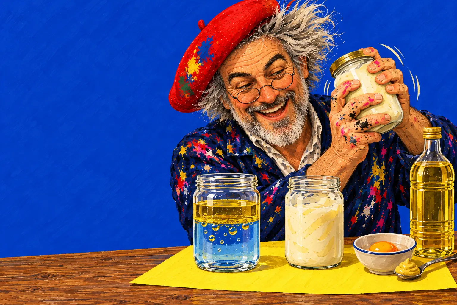 Geschilderde illustratie: de schilder schudt een pot, naast een pot met goudgele olie op blauw water, een pot romige mayonaise, een eidooier en mosterd.
