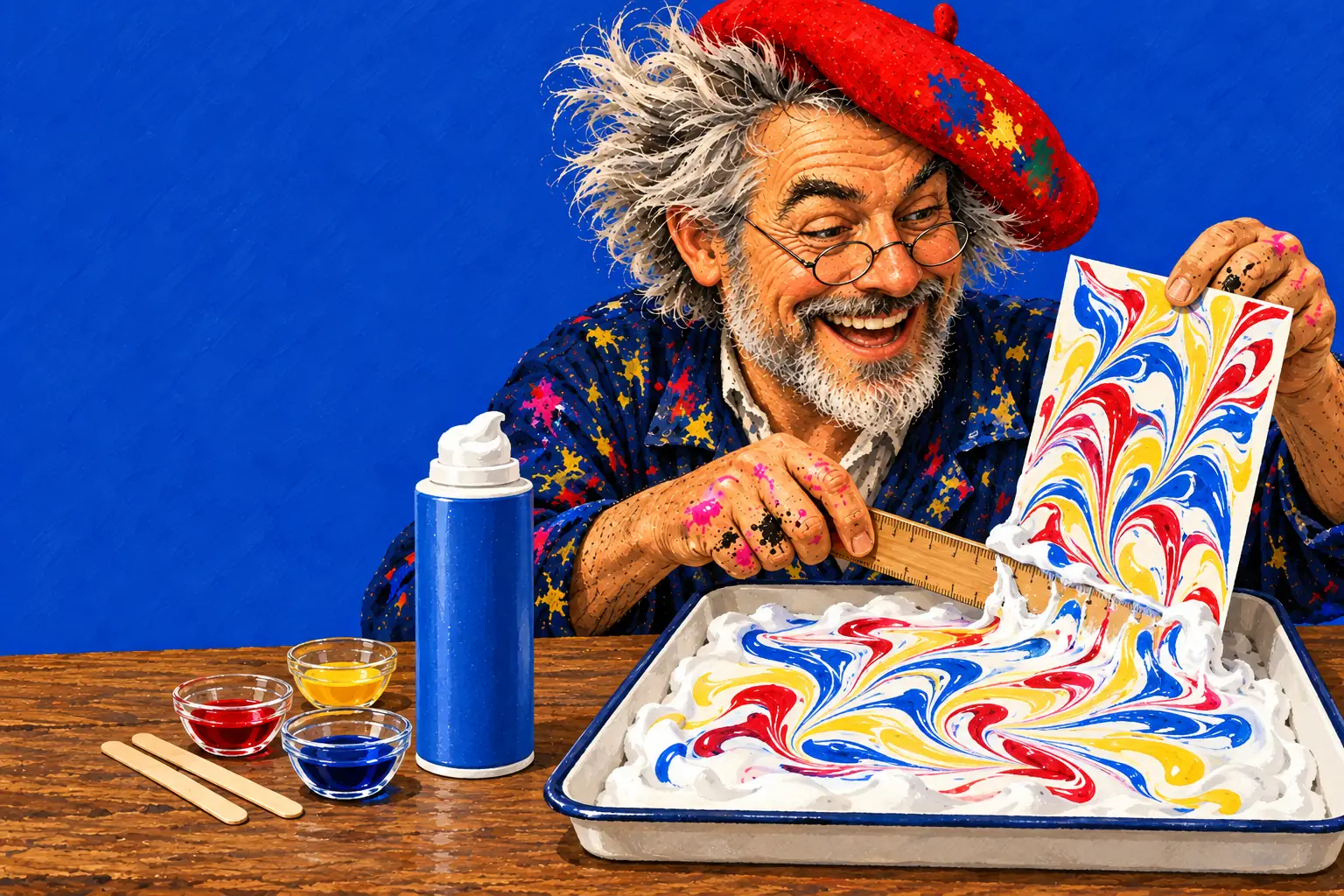 Geschilderde illustratie: de schilder schraapt scheerschuim van een kaart en er verschijnt een gemarmerde afdruk, naast een bak schuim met kleurstof erdoor gedraaid.