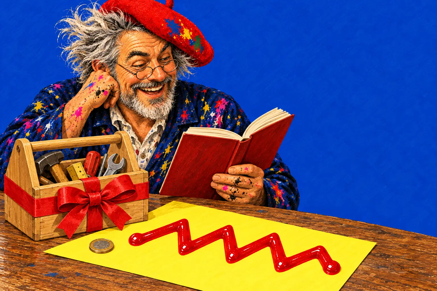 Geschilderde illustratie: een houten gereedschapskist met een rood lint naast één munt op een geel vel met een ketchupzigzag; de schilder leest er een boek naast.