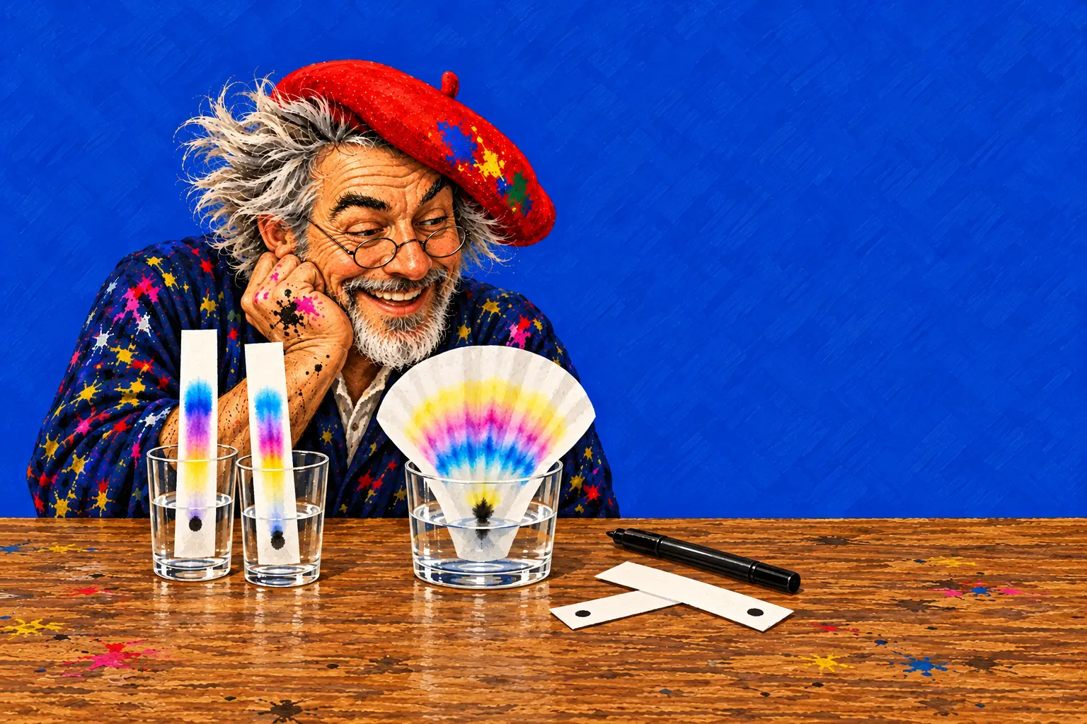 Geschilderde illustratie: papierstroken en een koffiefilter staan in glazen water, en zwarte stiftstippen zijn uitgelopen in blauwe, roze en gele banden; de schilder kijkt toe.
