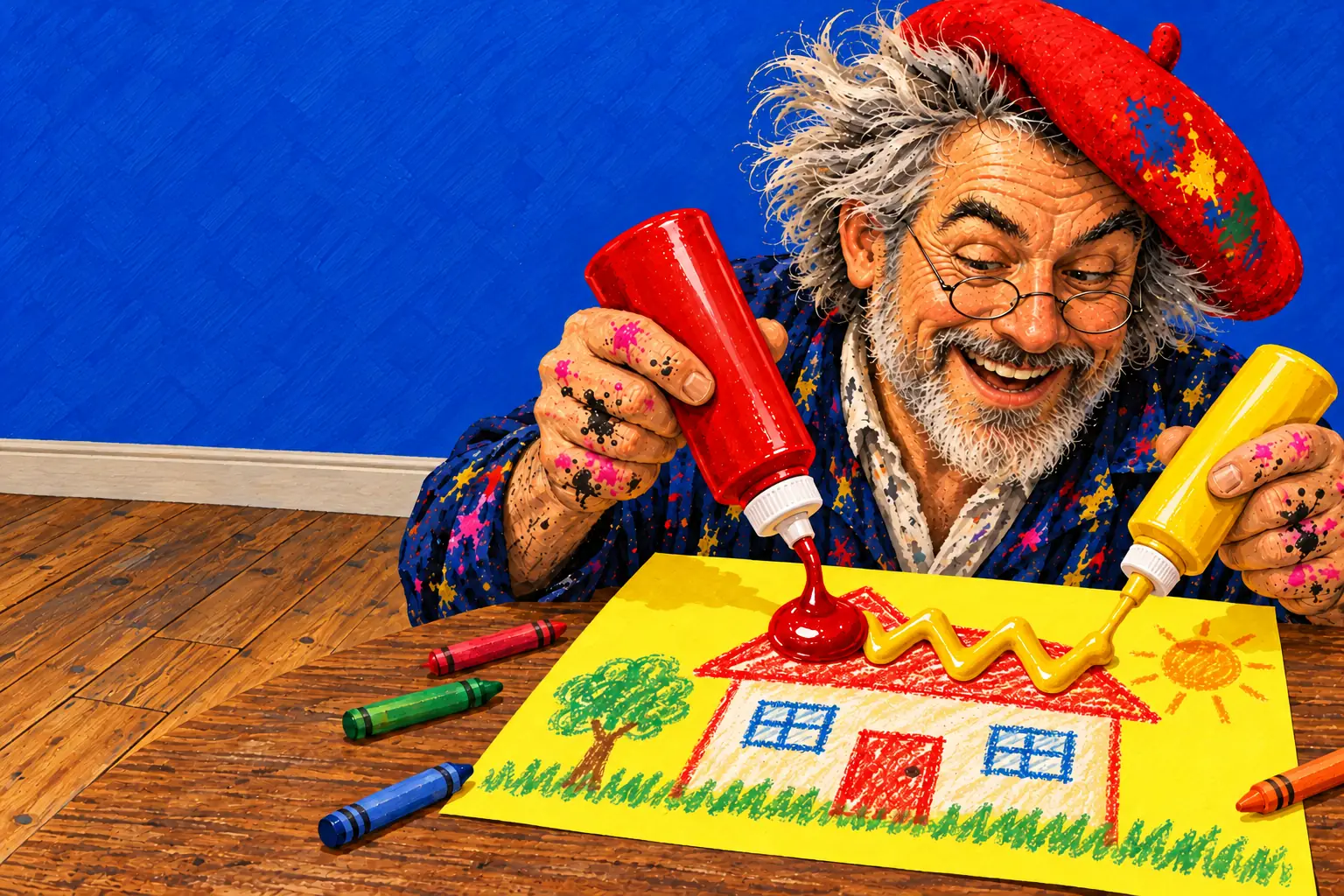 Geschilderde illustratie: de schilder knijpt een glanzende klodder ketchup en een zigzag mosterd op een waskrijttekening van een huis, gemaakt door een kind.