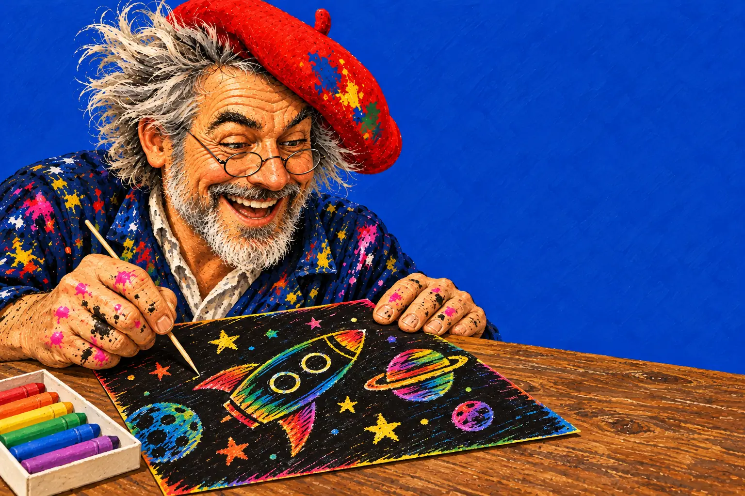 Geschilderde illustratie: de schilder krast met een houten stokje door zwarte verf, en er verschijnen een regenboograket, planeten en sterren.