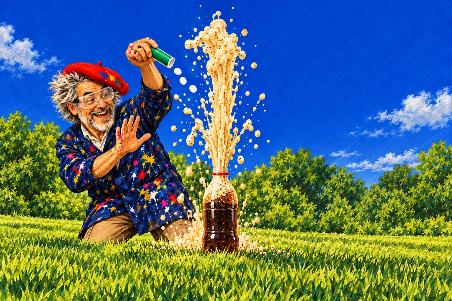 Geschilderde illustratie: uit een colafles op het gras spuit een hoge fontein van schuim omhoog als de pepermuntjes erin vallen; de schilder met veiligheidsbril staat er lachend naast.