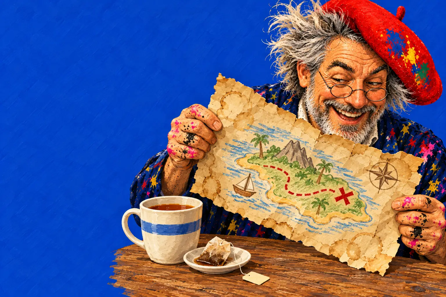 Geschilderde illustratie: de schilder houdt een schatkaart omhoog die met thee gekleurd is, met een waskrijteiland, een stippelpad en een rood kruis, en naast hem een kopje thee en een theezakje.