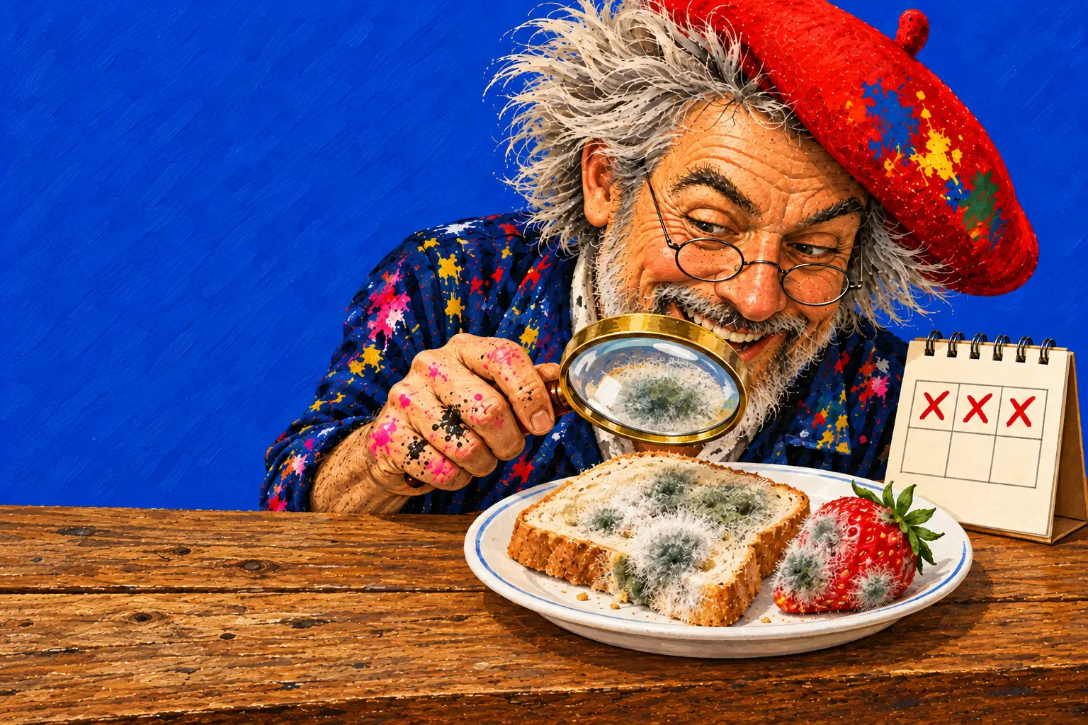 Geschilderde illustratie: de schilder tuurt door een vergrootglas naar brood en een aardbei met pluizige schimmelplekjes, naast een kalender met drie dagen doorgestreept.
