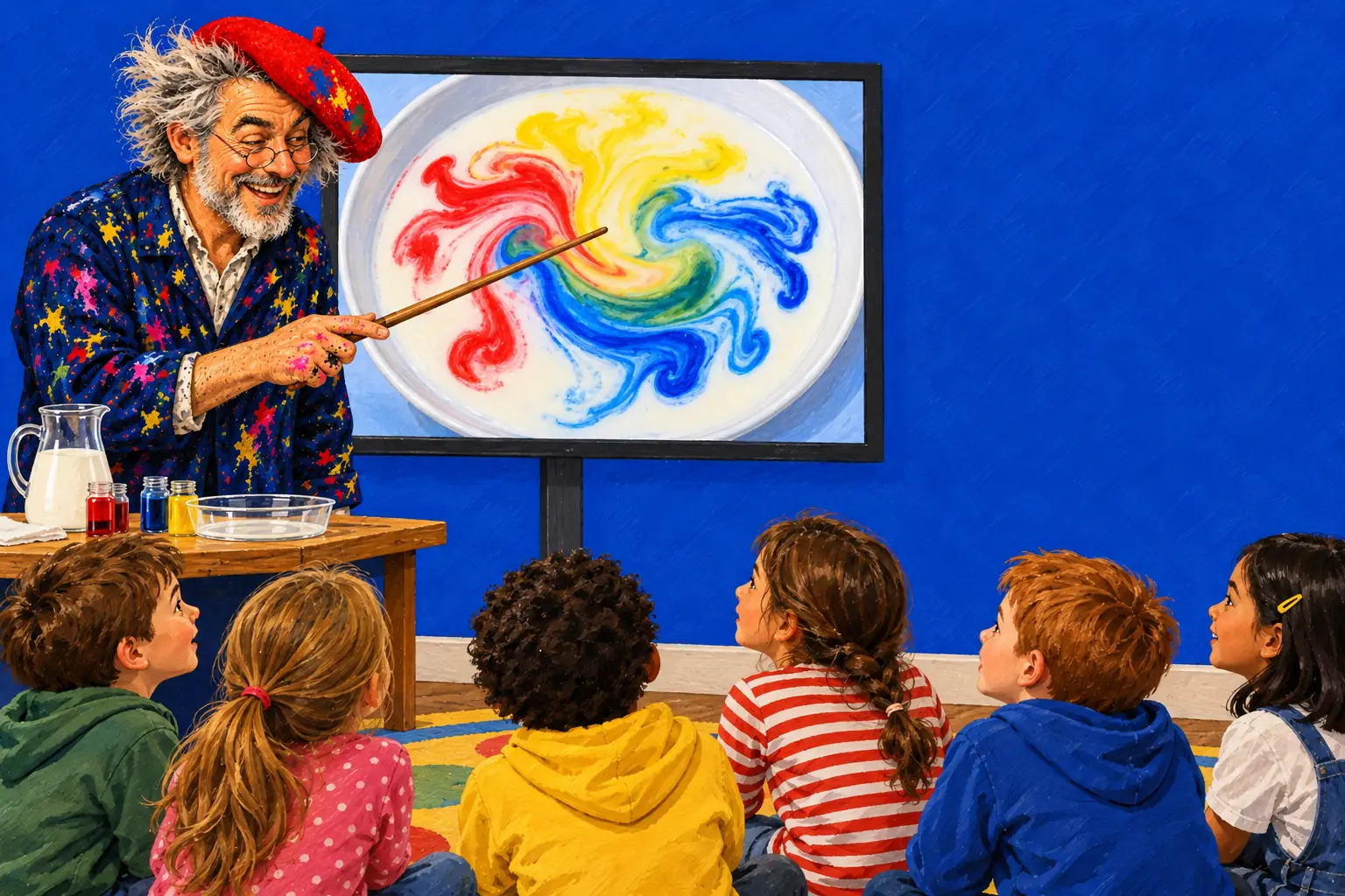 Geschilderde illustratie: kinderen op een kleed kijken naar kolkende melkkleuren op het digibord, met de schilder en een aanwijsstok ernaast.