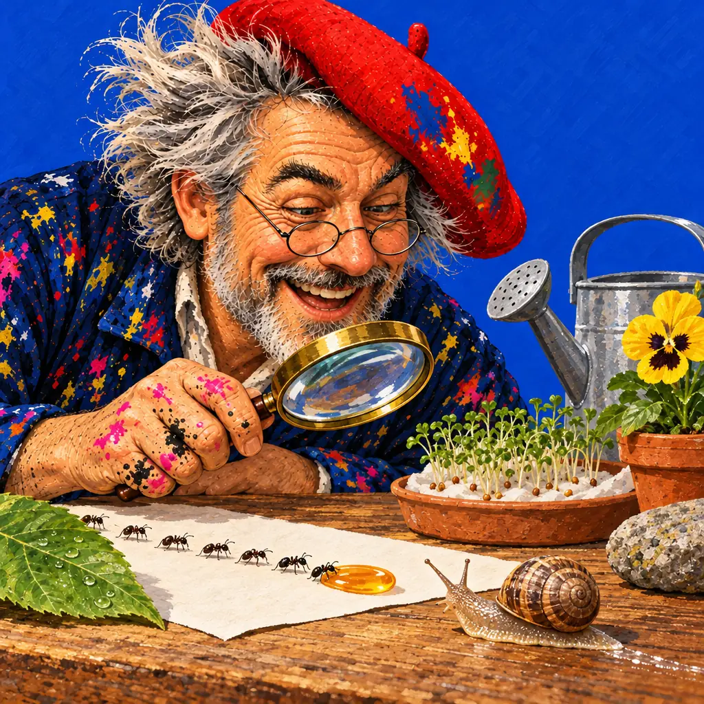 Geschilderde illustratie: de schilder kijkt door een vergrootglas naar een rij mieren die naar een druppel honing loopt, met een slak, ontkiemende tuinkers en een gieter.