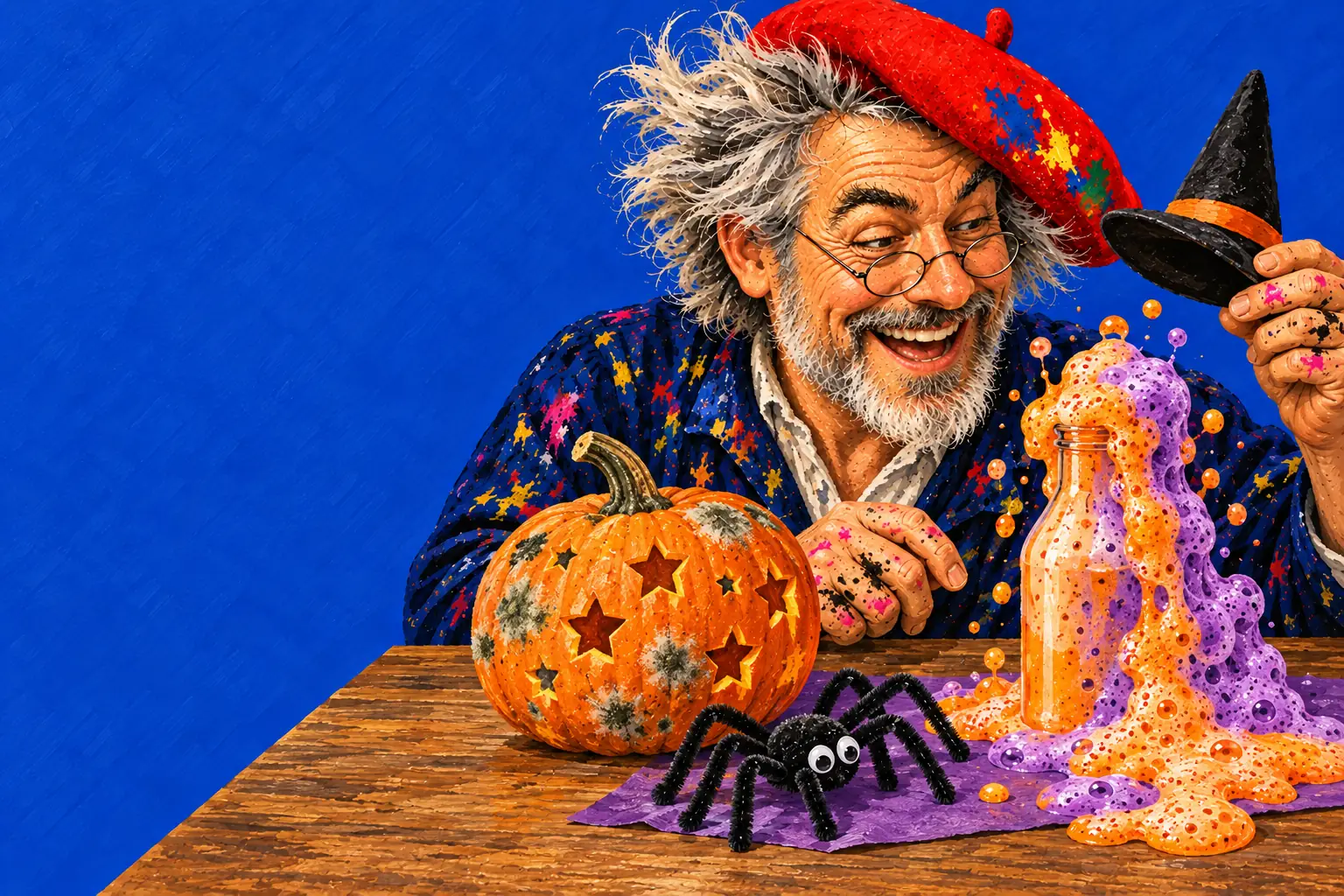 Geschilderde illustratie: een pompoen met stervormige gaten en schimmelplekjes, een fles die oranje en paars overschuimt en een spin van pijpenragers; de schilder houdt een heksenhoed vast.