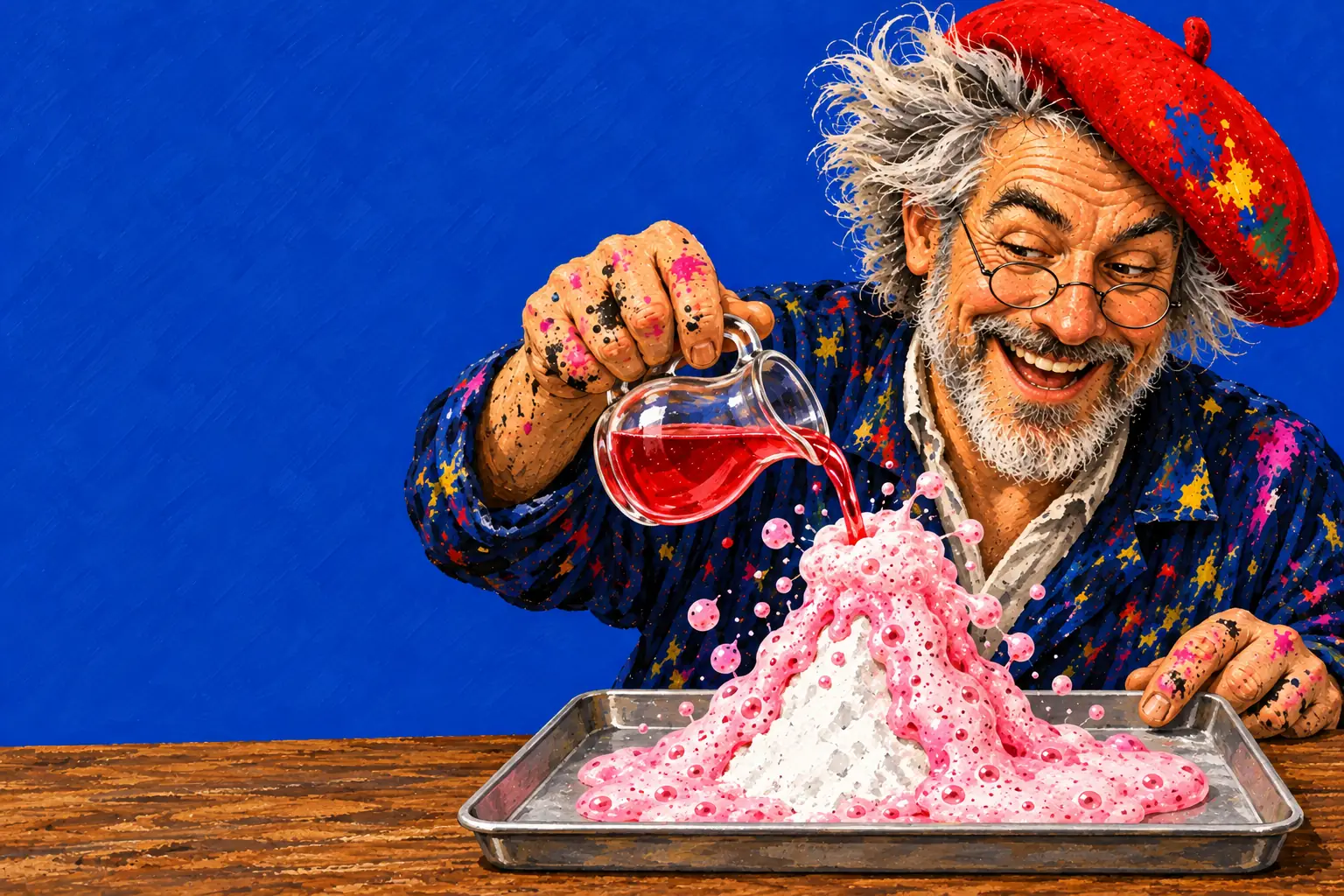Geschilderde illustratie: de schilder giet rode azijn op een hoopje baking soda op een dienblad, dat opbruist tot roze schuim.