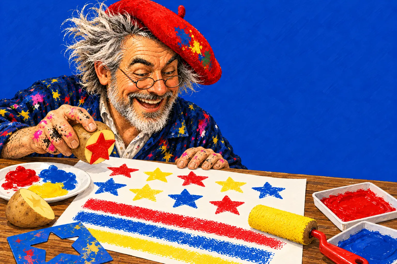 Geschilderde illustratie: de schilder drukt een sterstempel van een aardappel, met rijen kleurige sterafdrukken, rollerstrepen, een sjabloon en verfbakjes.