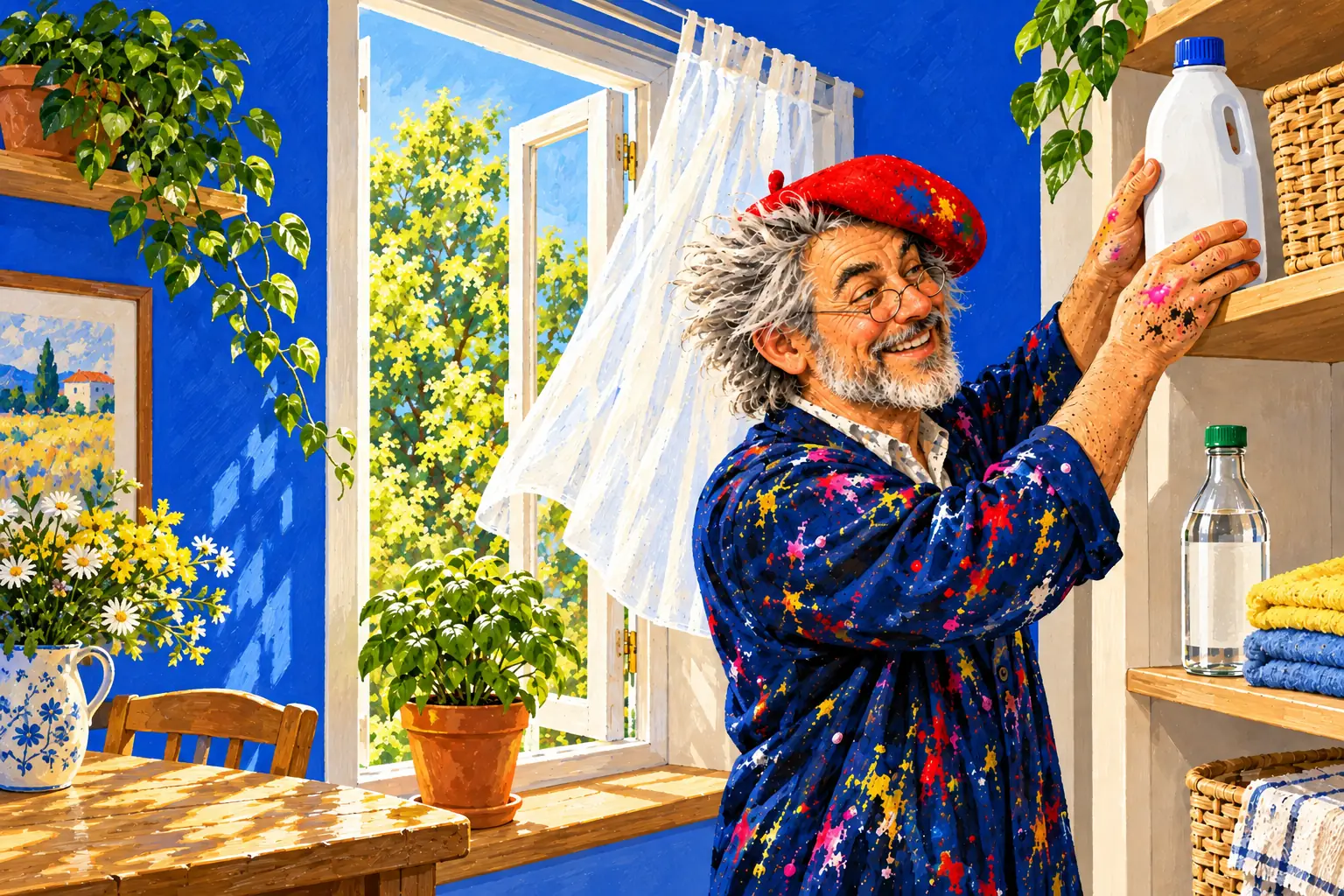 Geschilderde illustratie: de schilder zet een dichte fles bleekwater weg op een hoge plank, de azijn staat op een andere plank, naast een open raam.