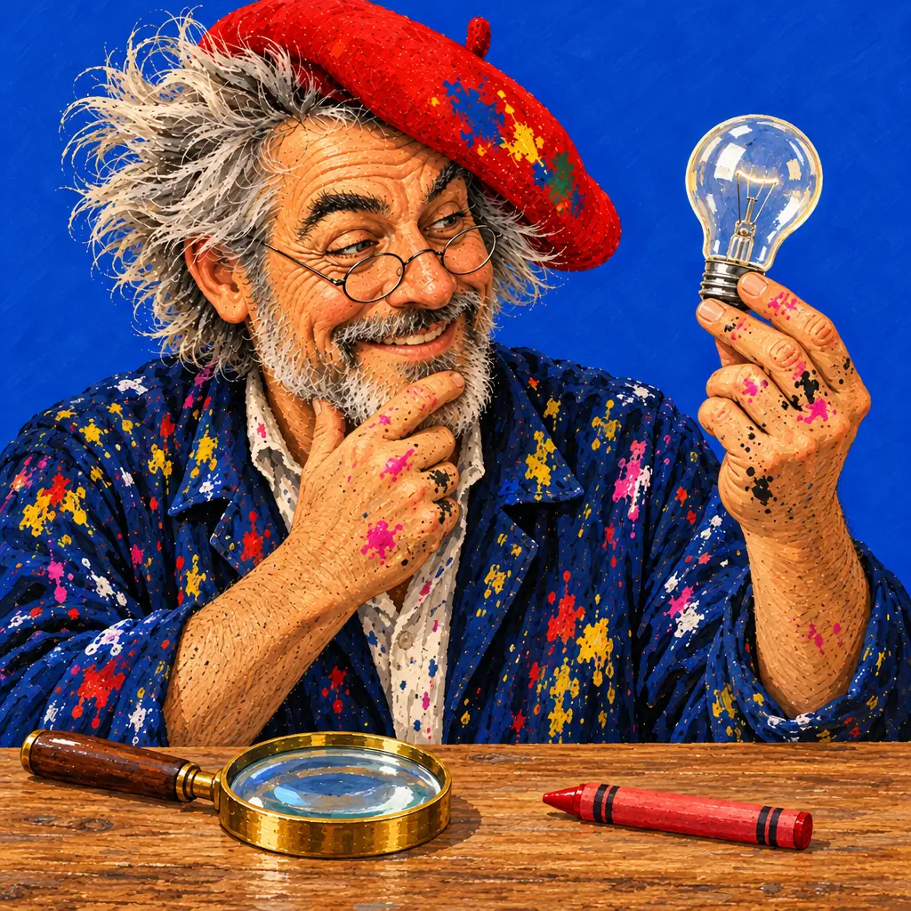 Geschilderde illustratie: de schilder strijkt over zijn baard terwijl hij naar een gloeilamp in zijn hand kijkt, met een vergrootglas en een waskrijtje op tafel.