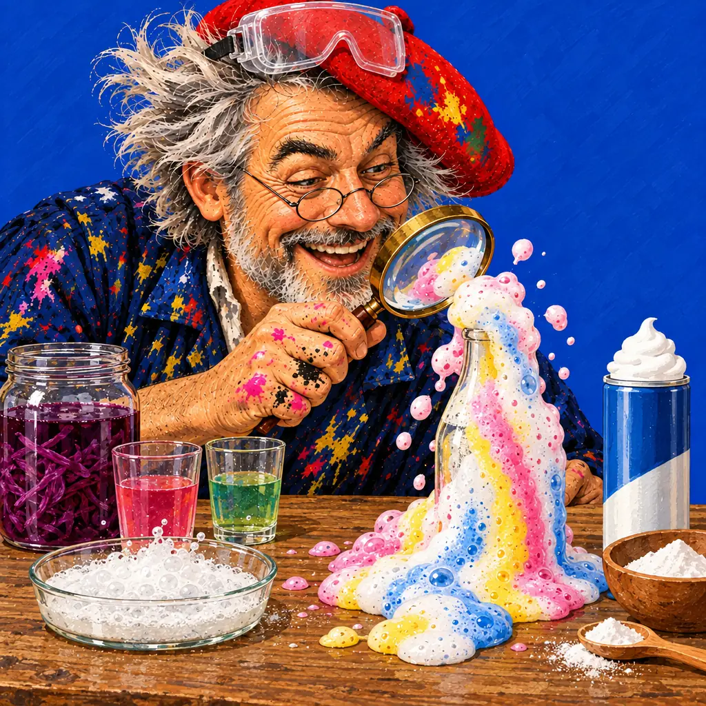 Geschilderde illustratie: de schilder, met een veiligheidsbril op zijn baret, bekijkt een fles die gestreept overschuimt, met rodekoolsap in roze en groene glazen en bruisende baking soda.