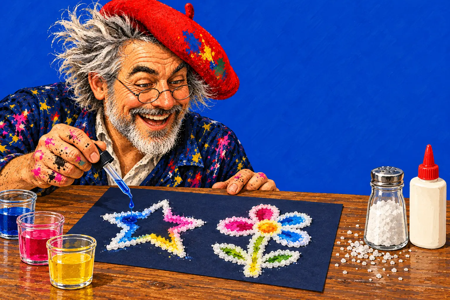 Geschilderde illustratie: de schilder druppelt blauwe, roze en gele verf op een ster en een bloem van lijm en zout op donker karton, en de kleur loopt langs het zout.