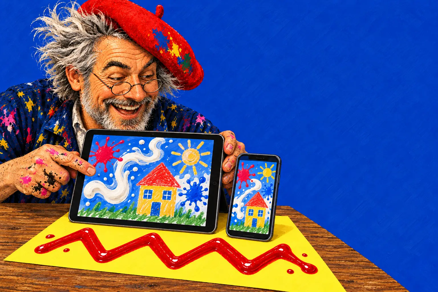 Geschilderde illustratie: een tablet en een telefoon op een geel vel met een ketchupzigzag, met op beide schermen verfspatten, kolkende melk en een waskrijthuis; de schilder kijkt er glimlachend naar.