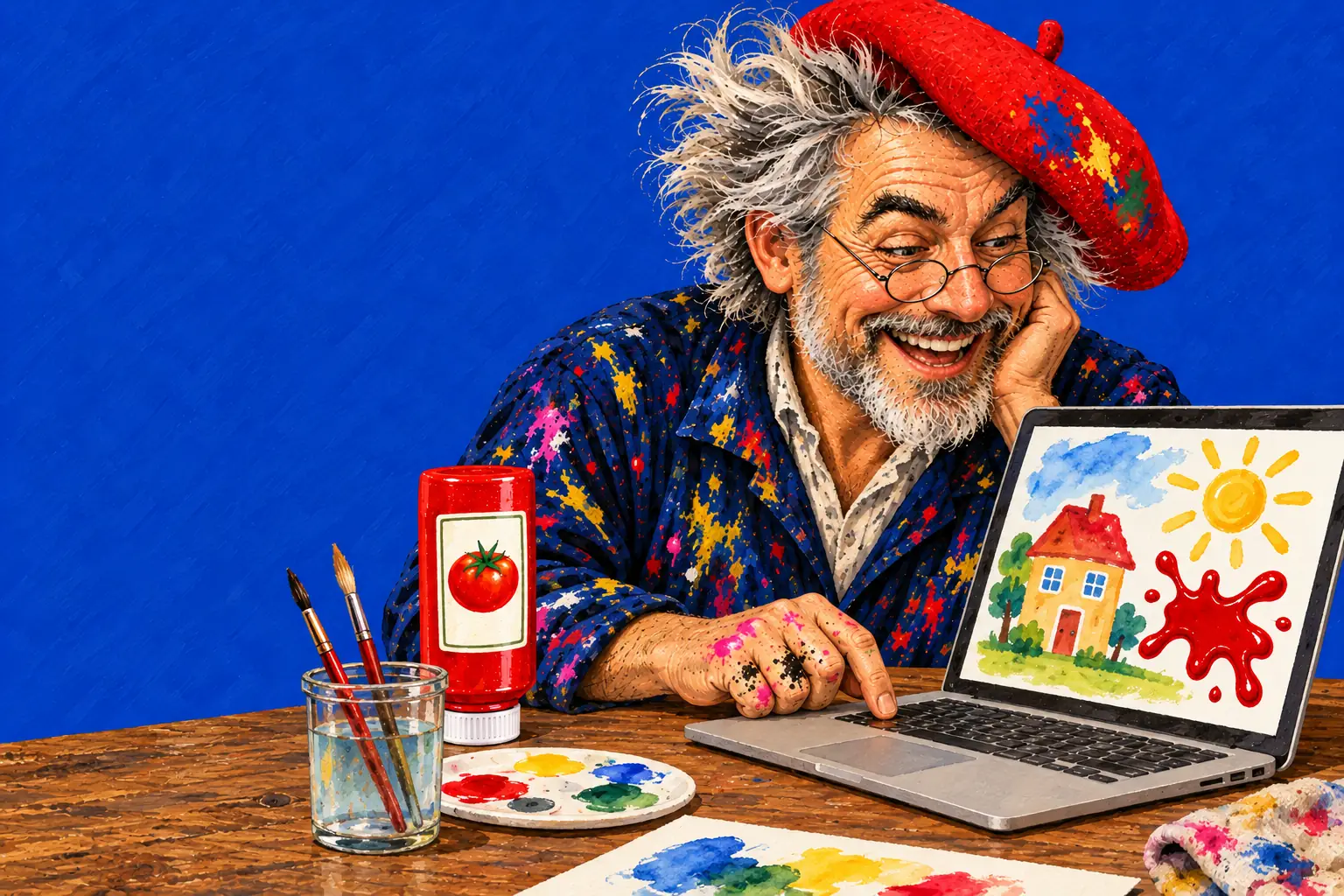 Geschilderde illustratie: de schilder achter een laptop met op het scherm een waterverfschilderij van een huis, een zon en een spat ketchup.