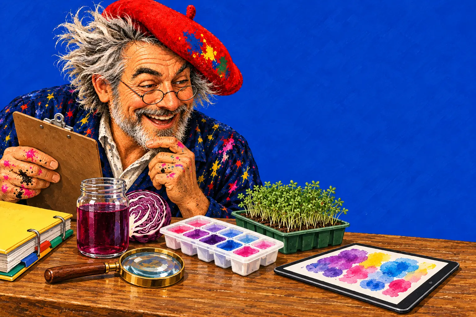 Geschilderde illustratie: de schilder met een klembord aan een bureau in de klas, met een map, rodekoolsap, een vergrootglas, een ijsblokjesvorm, tuinkers en een tablet.