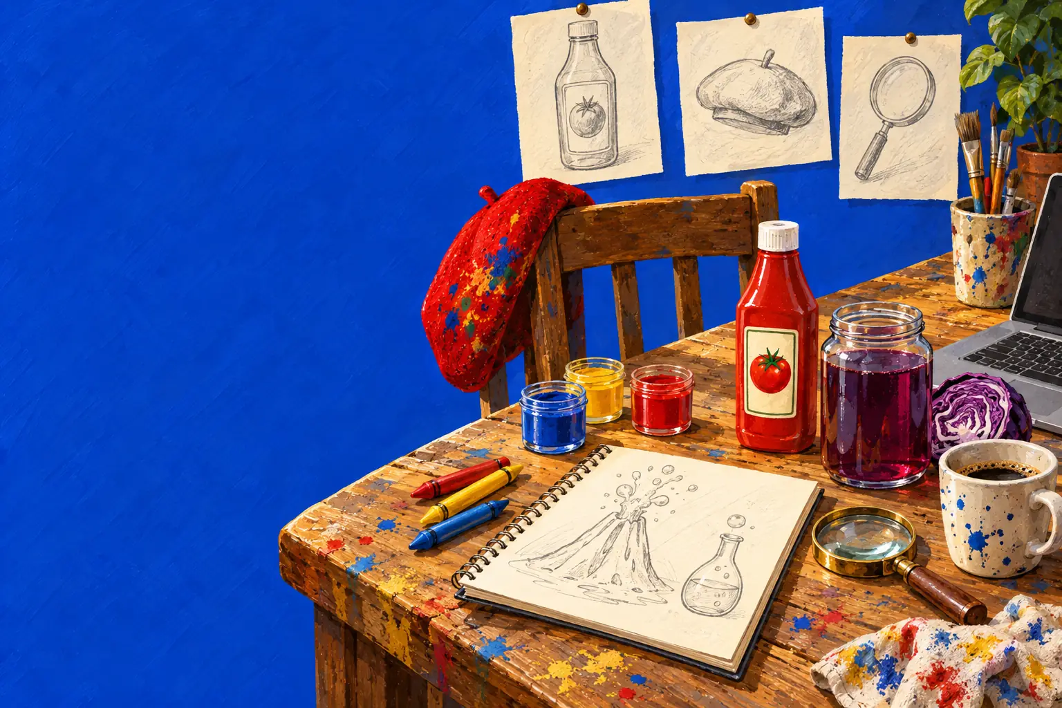 화가의 작업대를 그린 손그림 일러스트. 핀으로 꽂은 스케치, 물감 통, 크레용, 스케치북, 노트북, 케첩 병, 적양배추 즙이 있고 의자 위에 베레모가 놓여 있다.