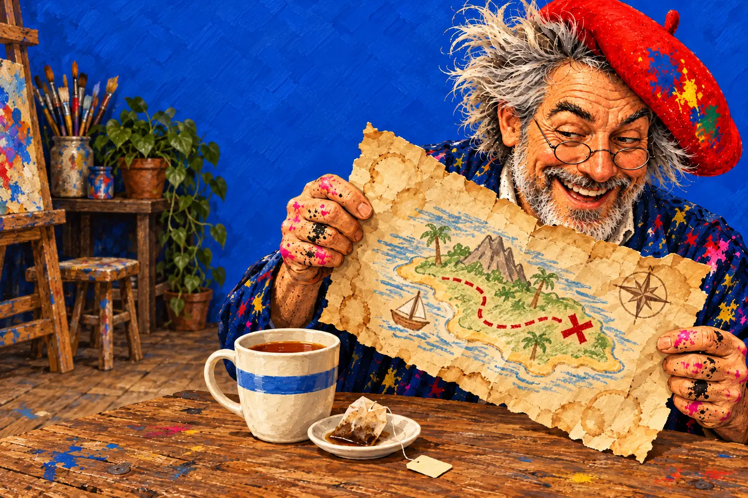 Geschilderde illustratie: de schilder houdt een schatkaart omhoog die met thee gekleurd is, met een waskrijteiland, een stippelpad en een rood kruis, en naast hem een kopje thee en een theezakje.