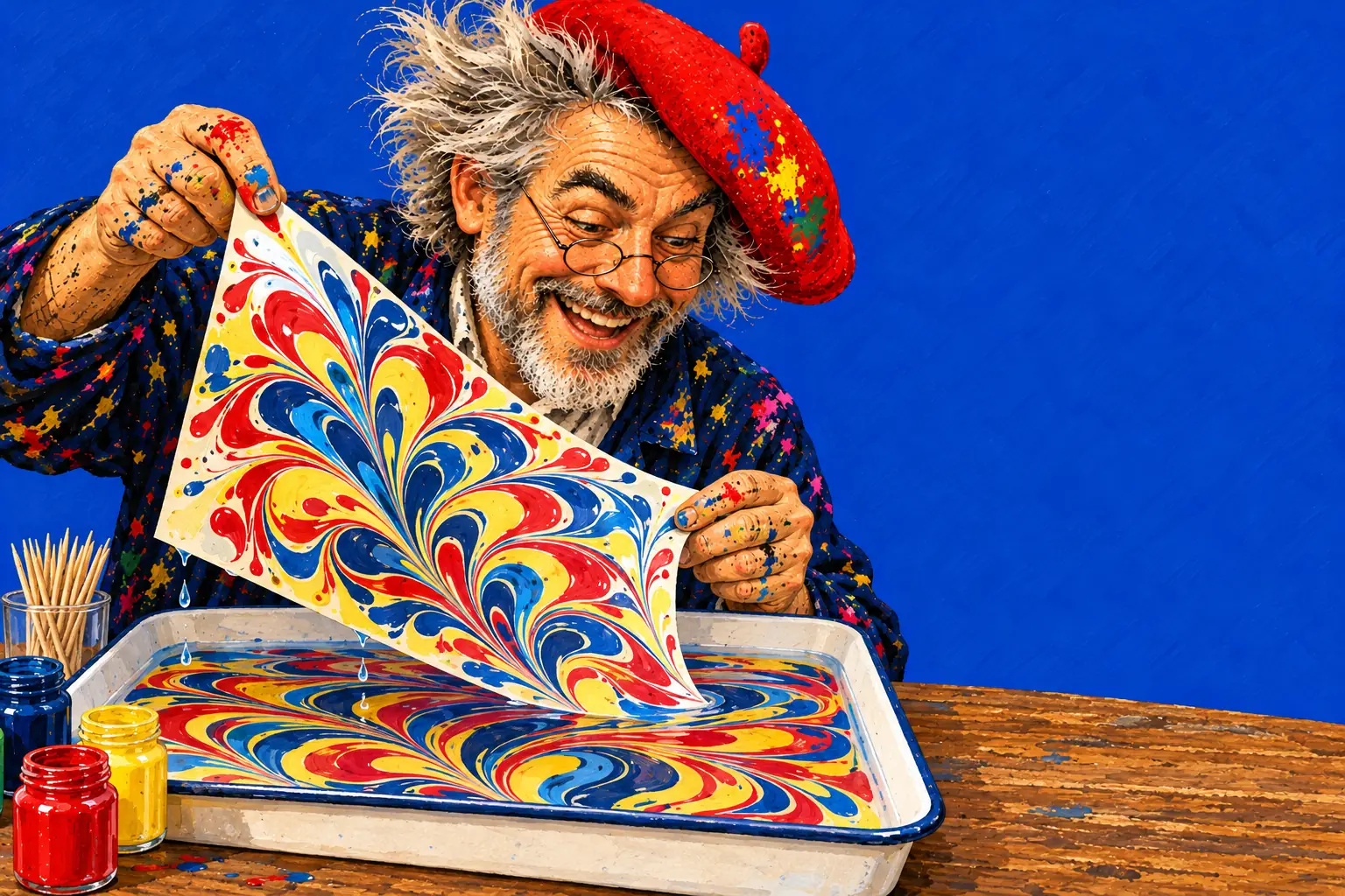 Geschilderde illustratie: de schilder tilt een vel papier met een rood, blauw en geel marmerpatroon van een bak met drijvende inkt.