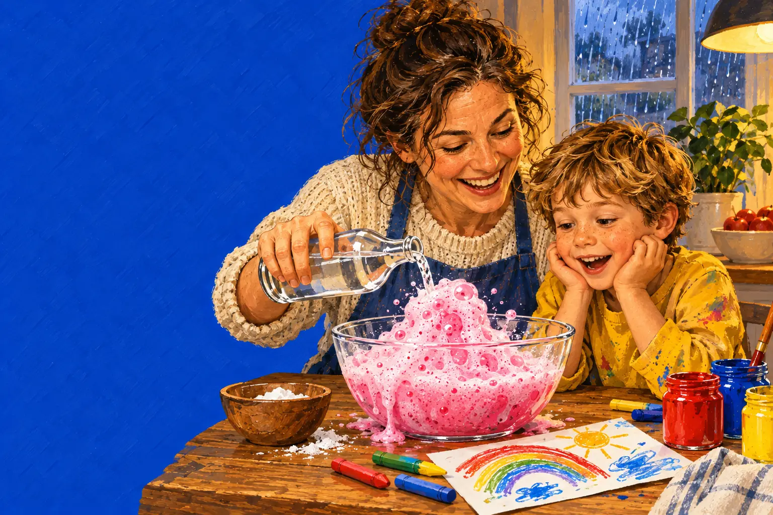 Gemalte Illustration: Ein Elternteil und ein Kind am Küchentisch schauen zu, wie Natron rosa aufsprudelt, daneben Farben und ein Regenbogenbild, am Fenster Regen.