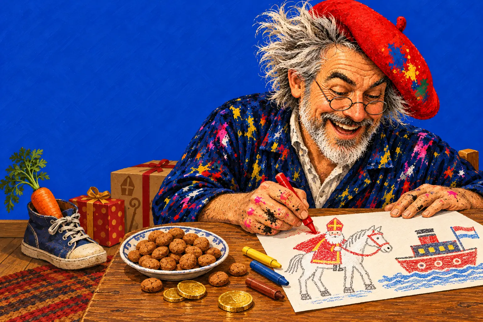 Geschilderde illustratie: de schilder tekent met waskrijt het witte paard van Sinterklaas en een stoomboot, met pepernoten, chocolademunten en een schoen met een wortel erin.