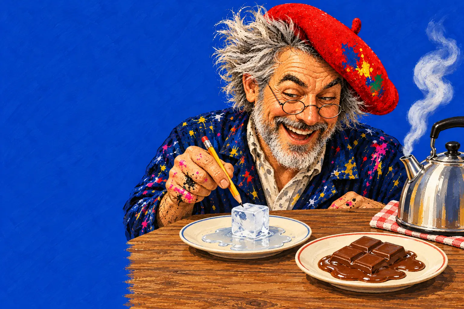 Geschilderde illustratie: de schilder wijst met een potlood naar een smeltend ijsblokje, naast smeltende chocolade en een waterkoker die stoom afgeeft.