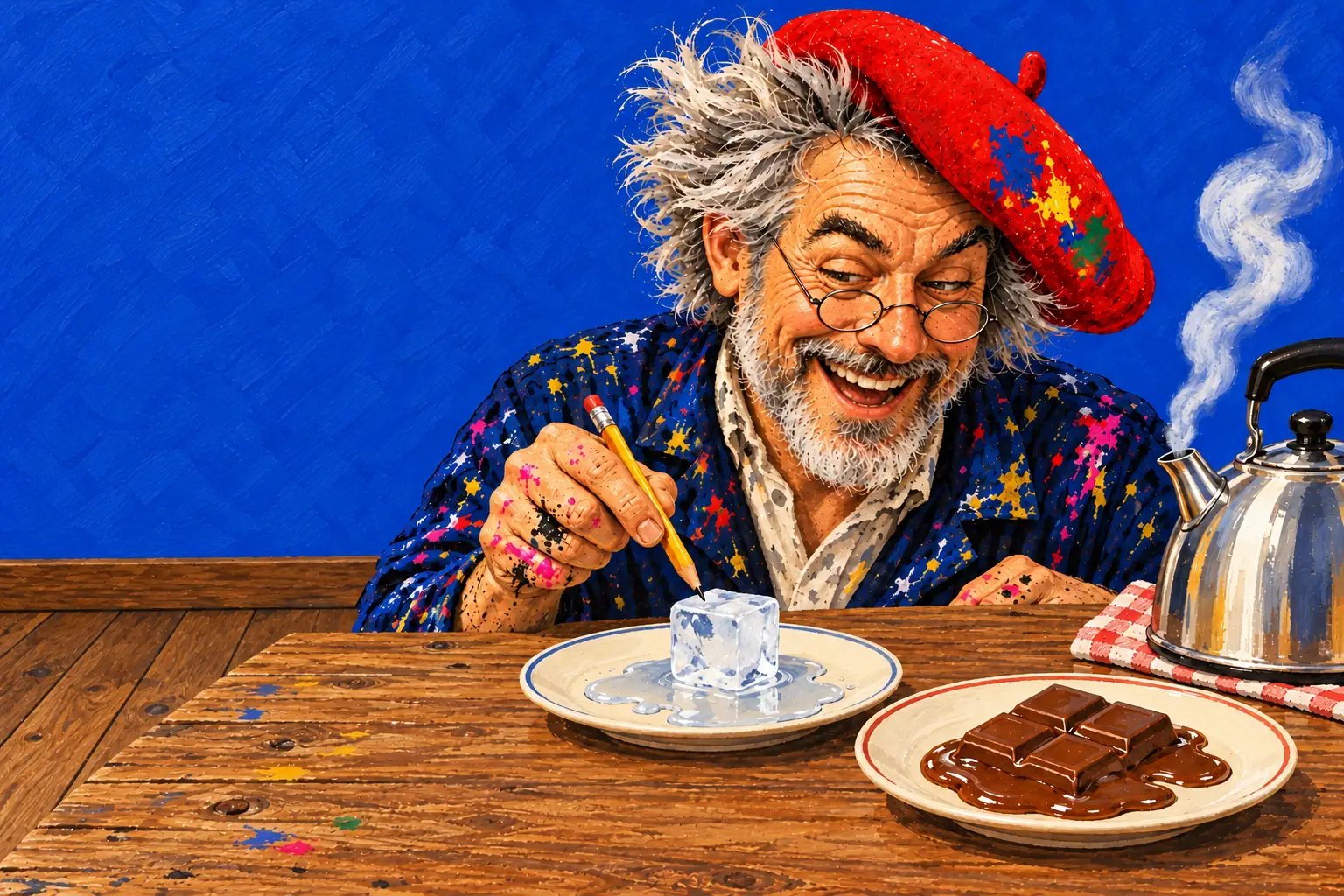 Geschilderde illustratie: de schilder wijst met een potlood naar een smeltend ijsblokje, naast smeltende chocolade en een waterkoker die stoom afgeeft.