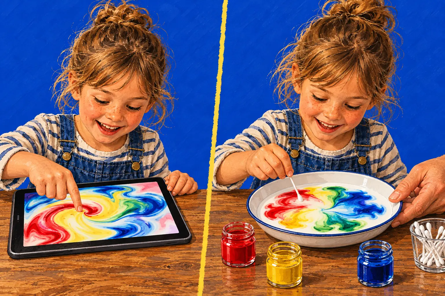 Geschilderde illustratie in twee helften: een meisje doet magische melk op een tablet, en hetzelfde meisje doet het echt met een schaaltje melk terwijl de hand van een volwassene helpt.