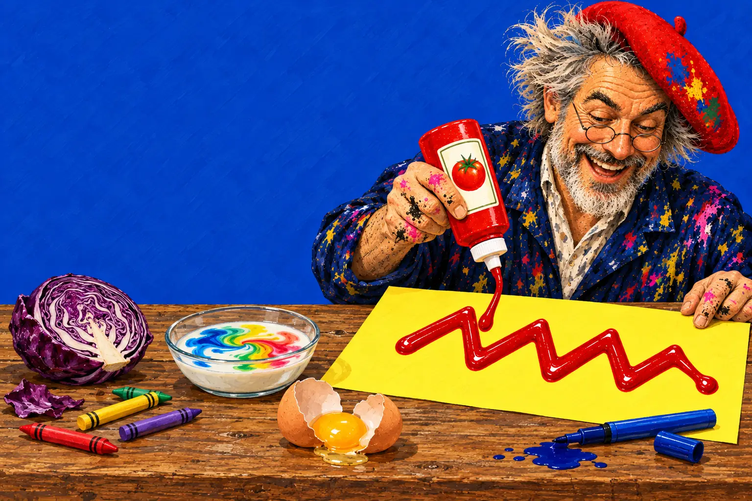 Geschilderde illustratie: een schilder met een grijze baard en een rode baret knijpt een zigzag ketchup op een geel vel, met een gebroken ei, waskrijtjes, een rode kool en een schaaltje kolkende melk.