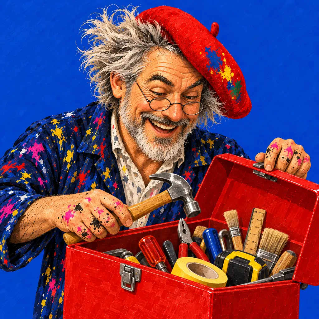Geschilderde illustratie: de schilder kijkt in een open rode gereedschapskist en pakt er een hamer uit.