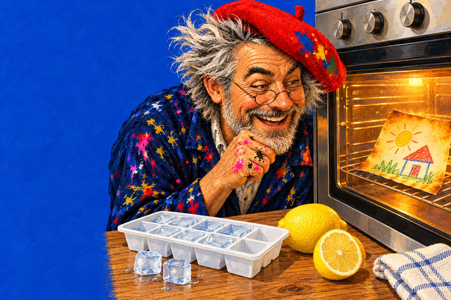 Geschilderde illustratie: de schilder zit gehurkt bij een oven en kijkt hoe een waskrijttekening erin goudbruin roostert, met een ijsblokjesvorm en een citroen.